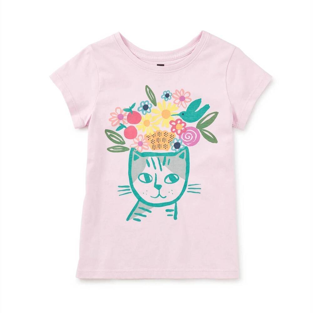 NEW TEA COLLECTION girls' flora & feline double-sided graphic tee in pink